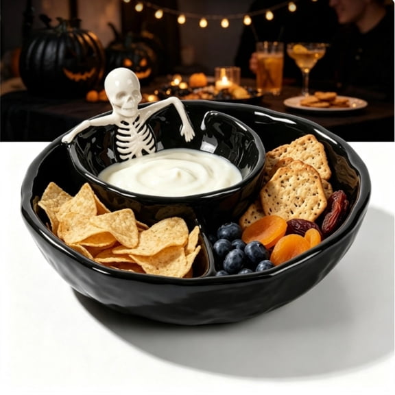 Halloween Skeleton Chip and Dipping Bowls| Black Ceramic Divided Snack Platter|Shiny, Safe, Dishwasher Safe, for Seasonings, Sushi & BBQ,Chips, Crackers, Fruit, Dipping Sauces, Halloween Party