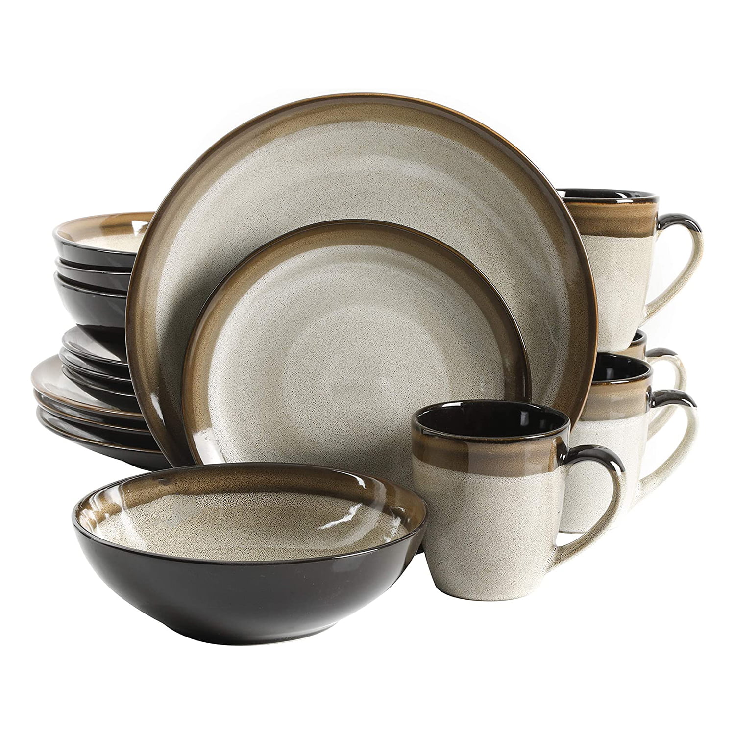 Gibson Elite Couture Bands 16 Piece Dinnerware Plates, Bowls, & Mugs Set,  Brown