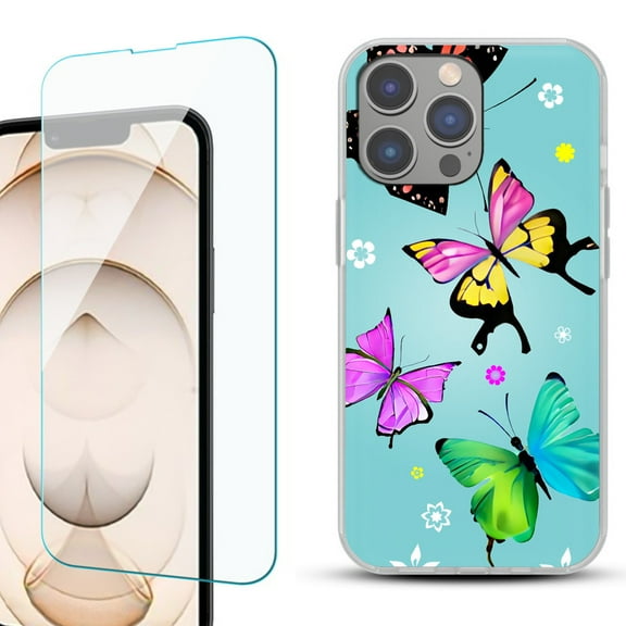 OneToughShield ® for iPhone 15 Pro Max Shockproof Fashion Phone Case, with Tempered Glass Screen Protector - Butterfly