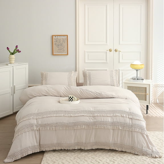 Move Over Beige Grey Macrame Tassel Bedding Sets Twin Three Layer Tassel Pattern Washed Microfiber Duvet Cover Set No Filling