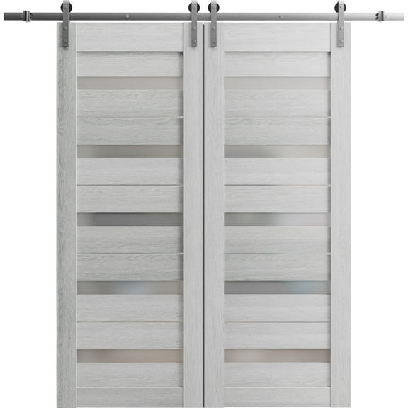 Sturdy Double Barn Door 48 x 80 inches | Quadro 4445 Light Grey Oak with Frosted Glass | Stainless Steel 13FT Rail Hangers Heavy Set | Solid Panel Interior Doors