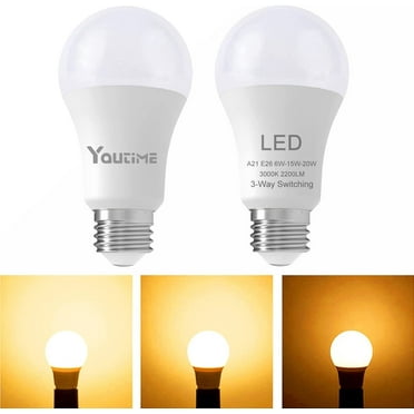Youtime Soft White 3 Way led Light Bulbs 50 100 150 Watt Equivalent 3000k, Incandescent Replacement, A21 6/15/20w Energy Saving Safety Three Way Light Bulbs, 500 1600 2200 Lumens, E26 Base, 2Pack