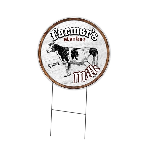 SignMission Corrugated Plastic Sign With Double Sided Image 16" Circular - Farmer's Market Milk | Coroplast Yard Sign With Stake |  Made in the USA