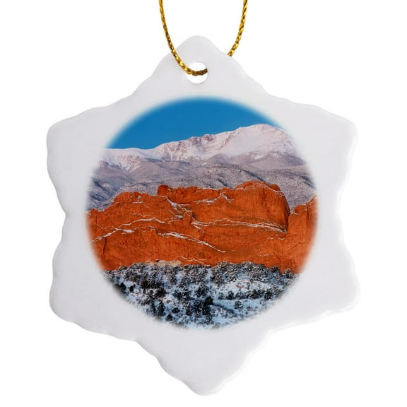 3drose, Usa, Colorado, Colorado Springs. Pikes Peak and Sandstone Formation., 3 inch Snowflake Porcelain Ornament