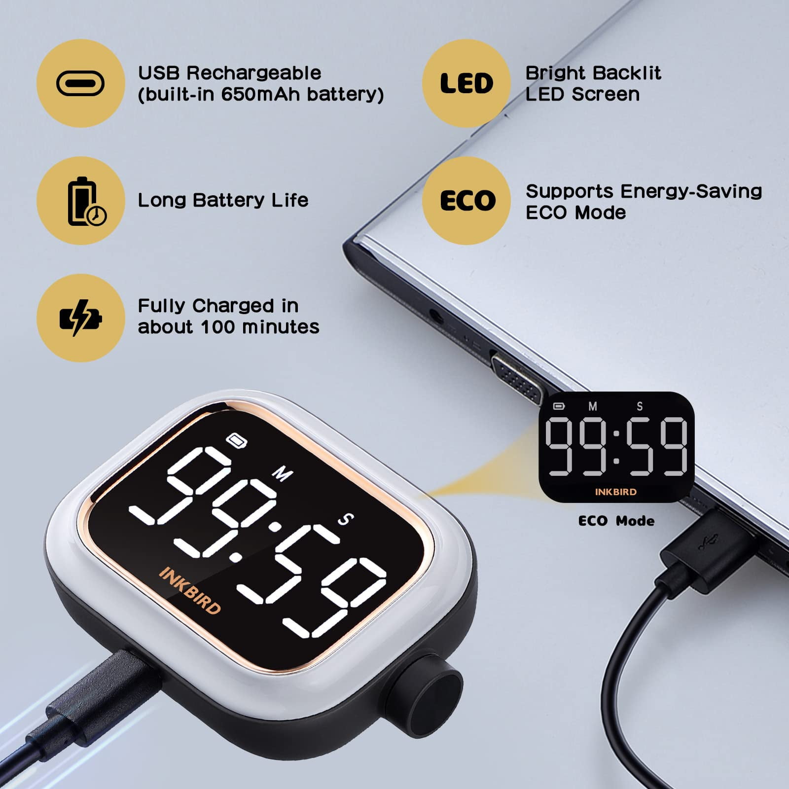 Inkbird IP67 Instant Read Thermometer + Rechargeable Kitchen Timer, Fast Reading & Adjustable Alarm for Home Cooking