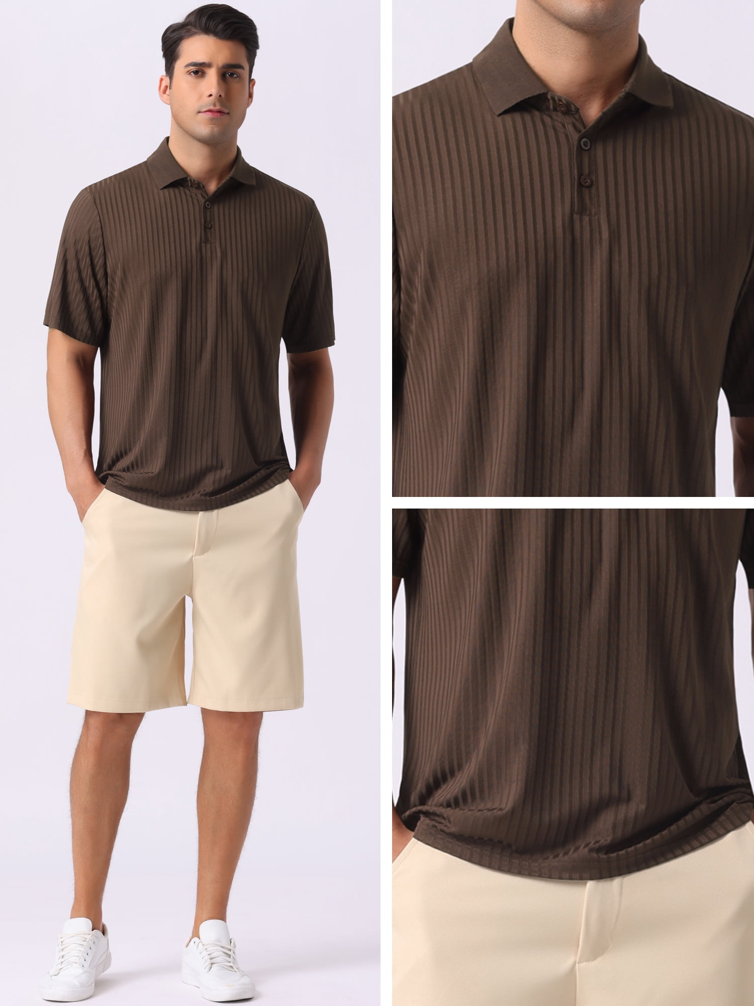 DARING DIVA Men's Ribbed Slim Fit Short Sleeves Casual Collared Golf Polo Shirt M Brown