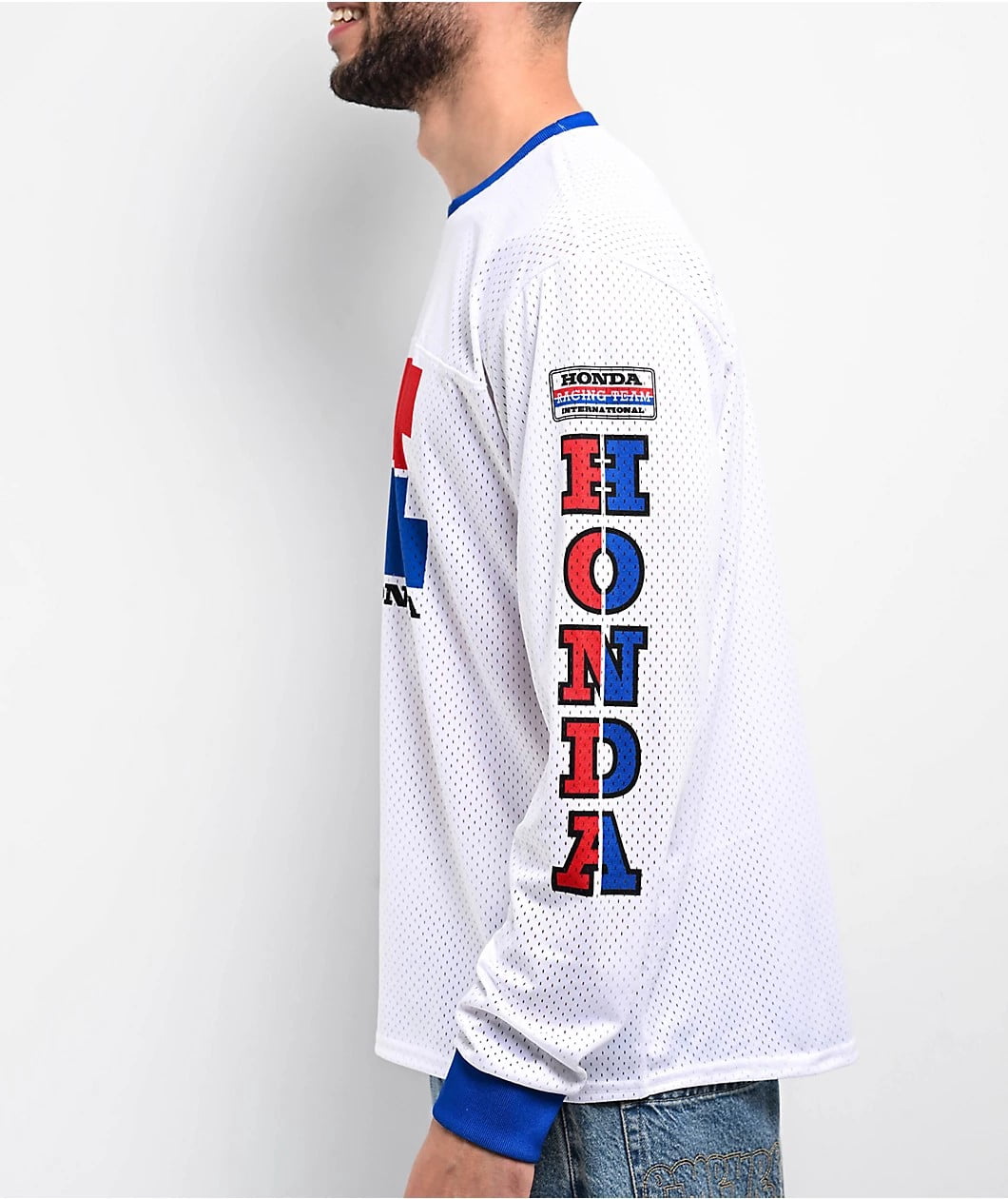 Honda Racing Men's Alpha White Long Sleeve Crewneck Mesh Jersey Shirt (Large, White)