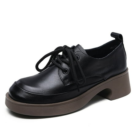 

Women‘s Block Heel Oxfords Black Round Toe Lace Up Soft Sole Shoes Retro & Versatile Shoes