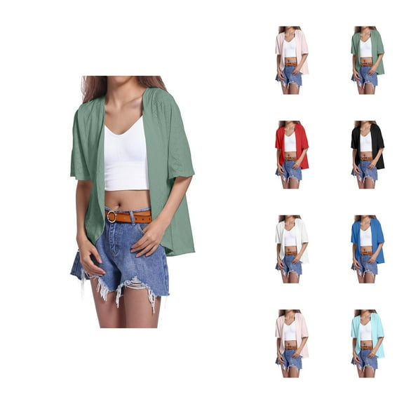 Summer Lightweight Cardigans for Women 2025 Short Sleeve Eyelet Jacquard Open Front Kimono Cardigan Shawl Cover Up