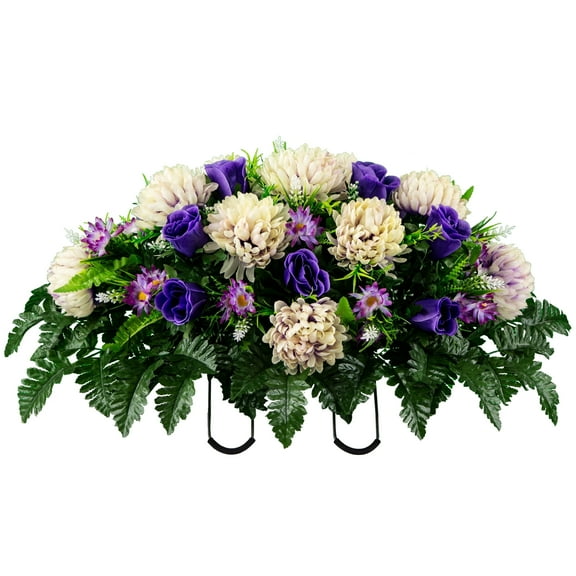 Sympathy Silks Artificial Cemetery Flowers - Lavender Cream Mum and Purple Rose Saddle for Outdoor Headstone