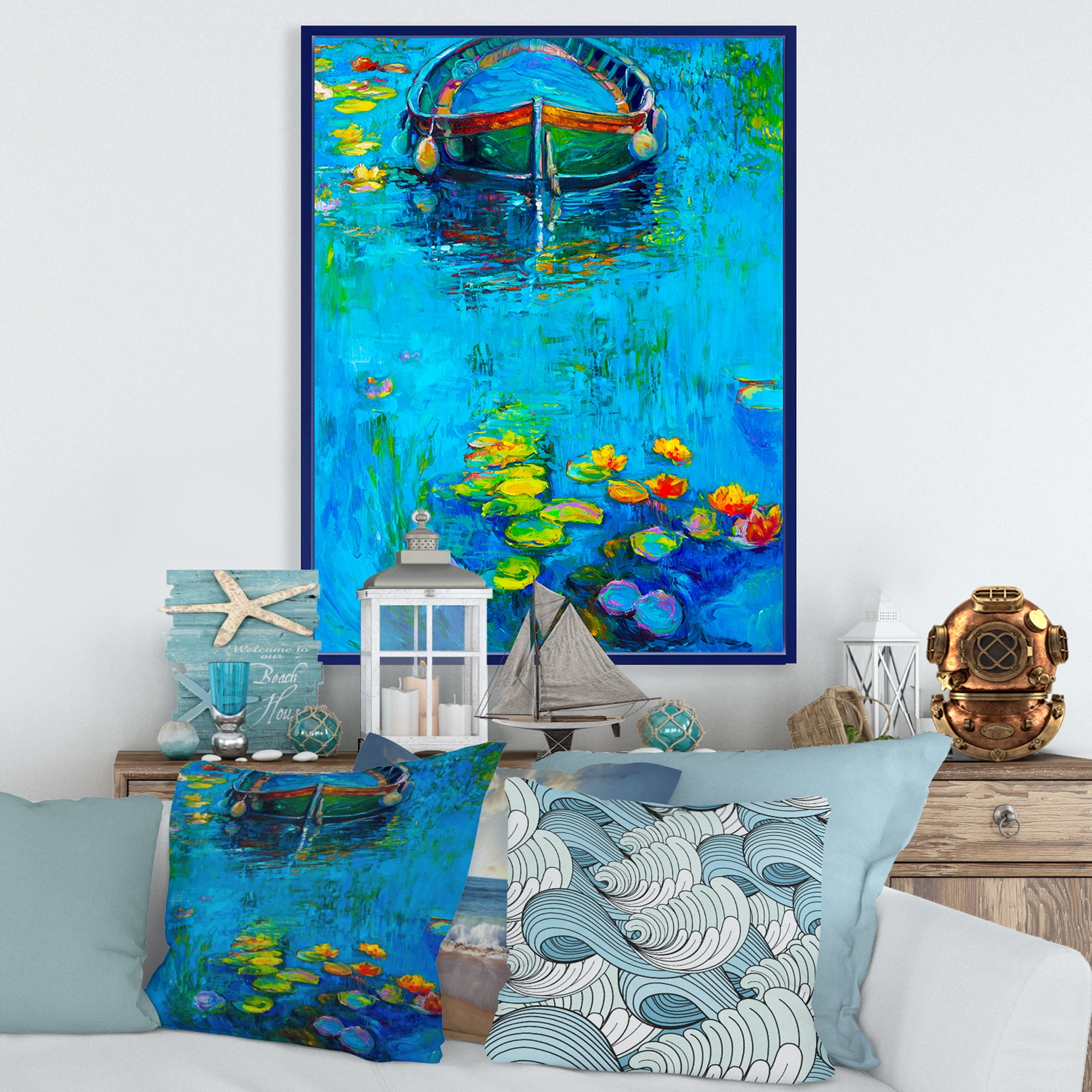 Designart 'Boat In Blue Lake' Nautical & Coastal Framed Canvas Wall Art Print