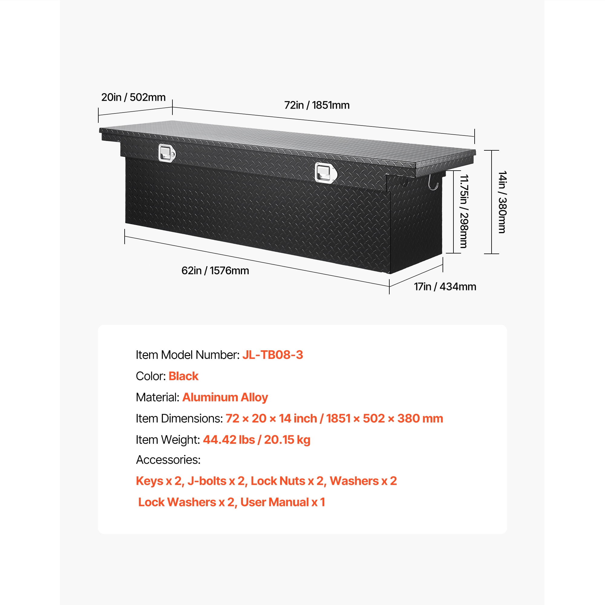 KFFKFF Aluminum Crossover Truck Tool Box, 72x20x14 In, Durable Storage Organizer with Diamond Pattern, Suitable for Pickup Truck Beds and RV Trailers, Weather-Resistant Design with Lock, Keys