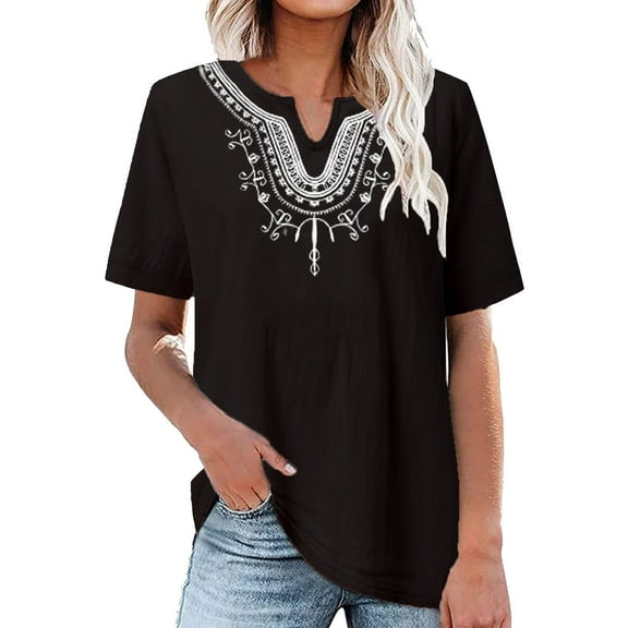 Cagogo Women Casual T-Shirts Summer Under $5 Cotton Linen Short Sleeve V Neck Peasant Boho Embroidery Mexican Tunic Tops Trendy Summer T Shirt Mothers Day Gifts for Wife