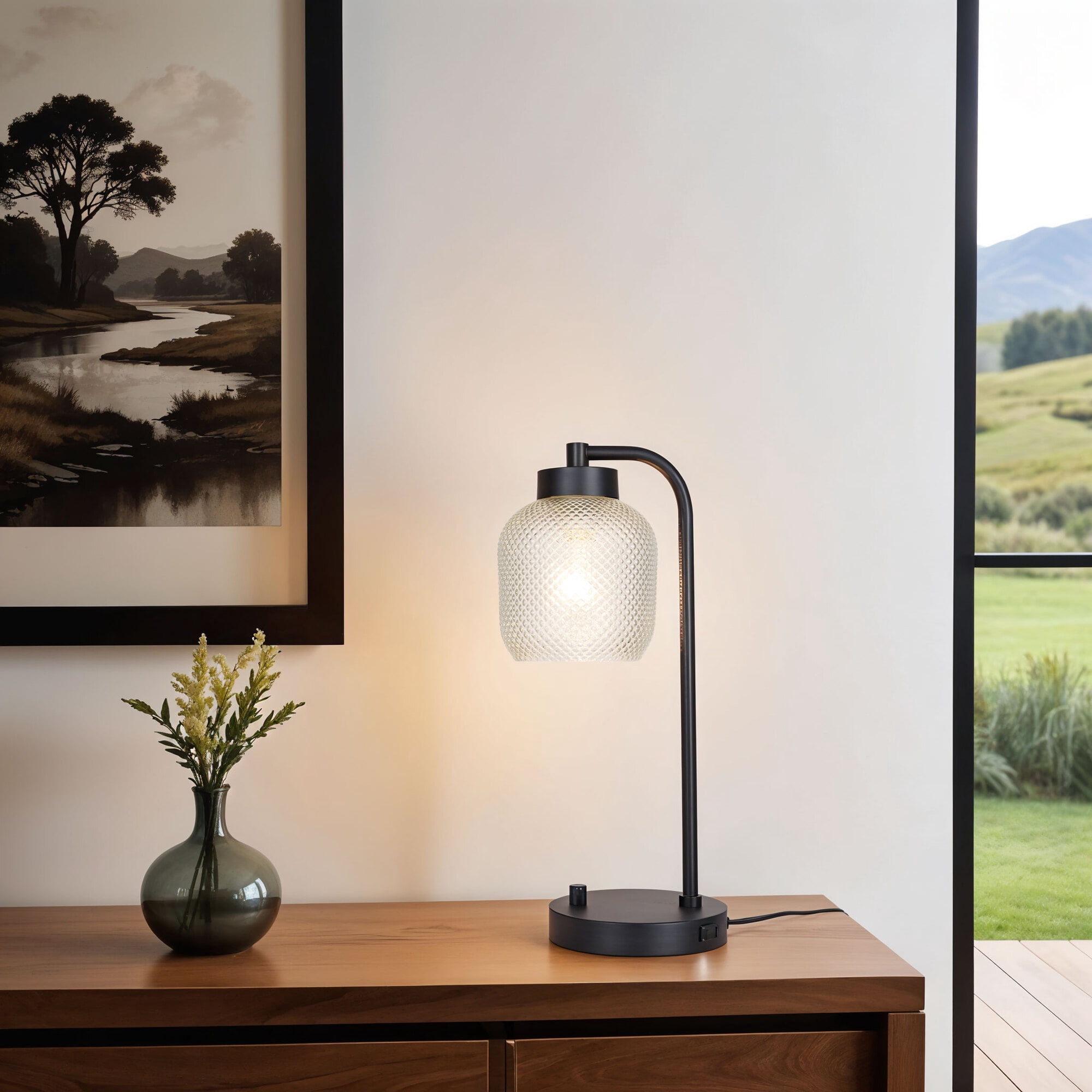 Kenroy Home Prismatic 17.75''  Desk Lamp Modern Task Light with Dome Glass Shade and  2-Prong Power Outlet in Base for Home, Office, or Bedroom, Black