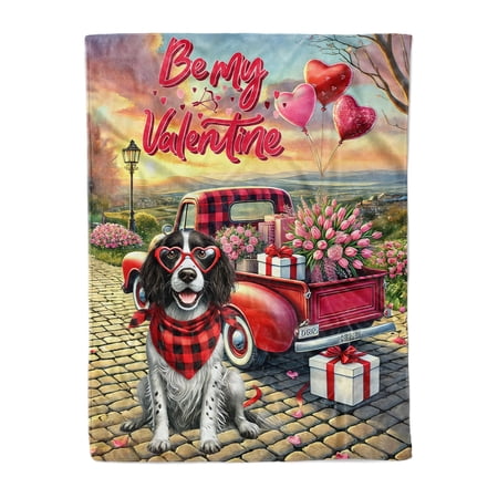 Be My Valentine s English Springer Spaniel Truck Full of Love Flower Balloon Cozy Fleece Blanket Springers Dog Lover Gifts Warm Soft Throw Blanket - 02029