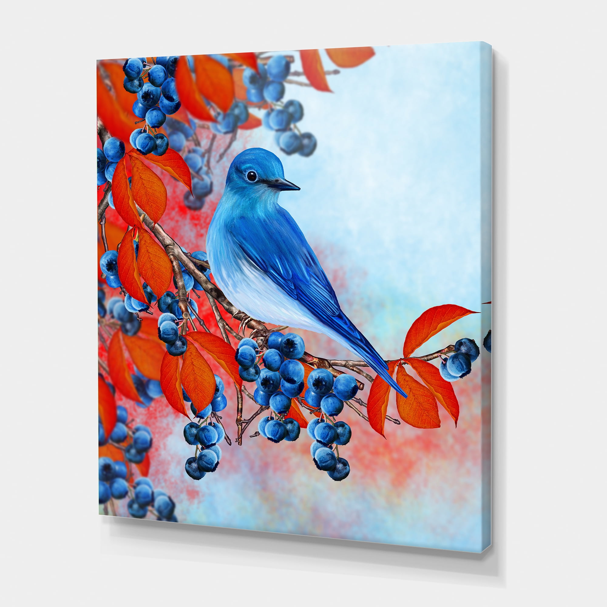 Bright Bird Bullfinch Sitting On A Branch of Berries III 12 in x 8 in Painting Canvas Art Print, by Designart