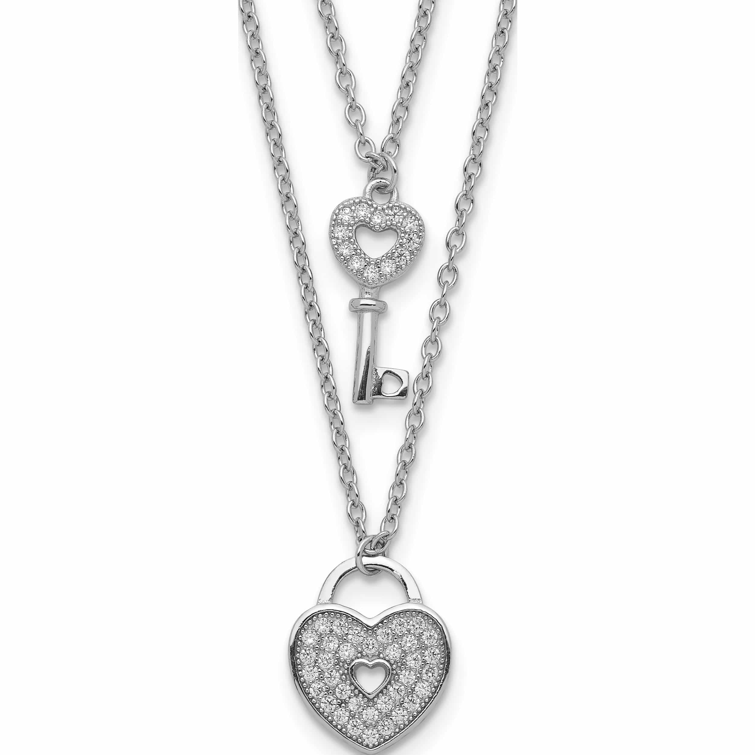 Necklace 925 Sterling Silver Rhodium-plated Open Heart and Key with 2in ext 16 Length 