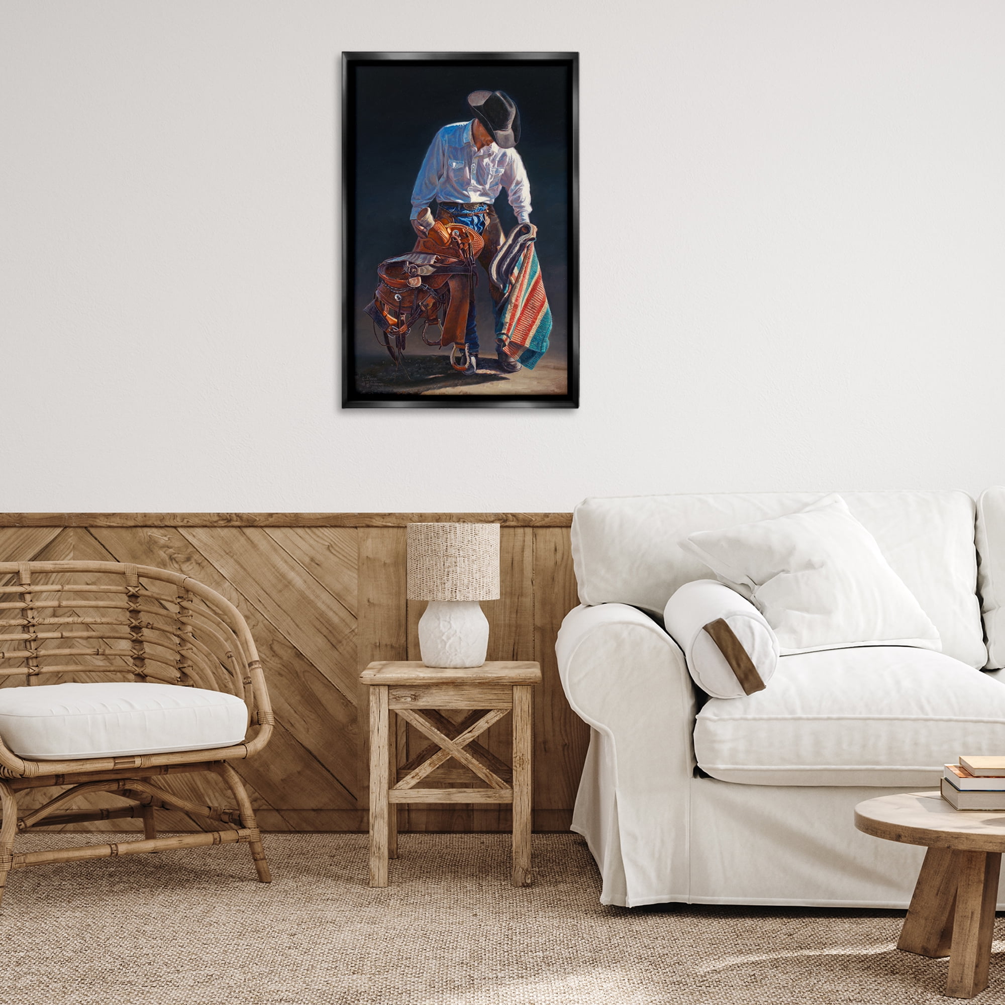 Stupell Industries Stoic Cowboy & Saddle Novelty Painting Black Floater Framed Canvas Art Print Wall Art, 21 x 31