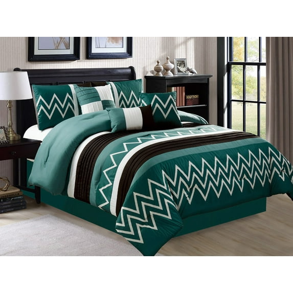 11-Pc Alpen Zigzag Saw Teeth Embroidery Pleated Stripe Comforter Curtain Set Teal Green Black White Queen