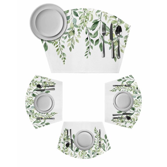 Eucalyptus Leaves Wedge Shaped Placemats Set of 6, Cotton Linen Fan Place Mats, Sage Green Spring Summer Botanical Washable Table Mats for Holiday Wedding Party Dinning Coffee Tables 11.8"x17.5"