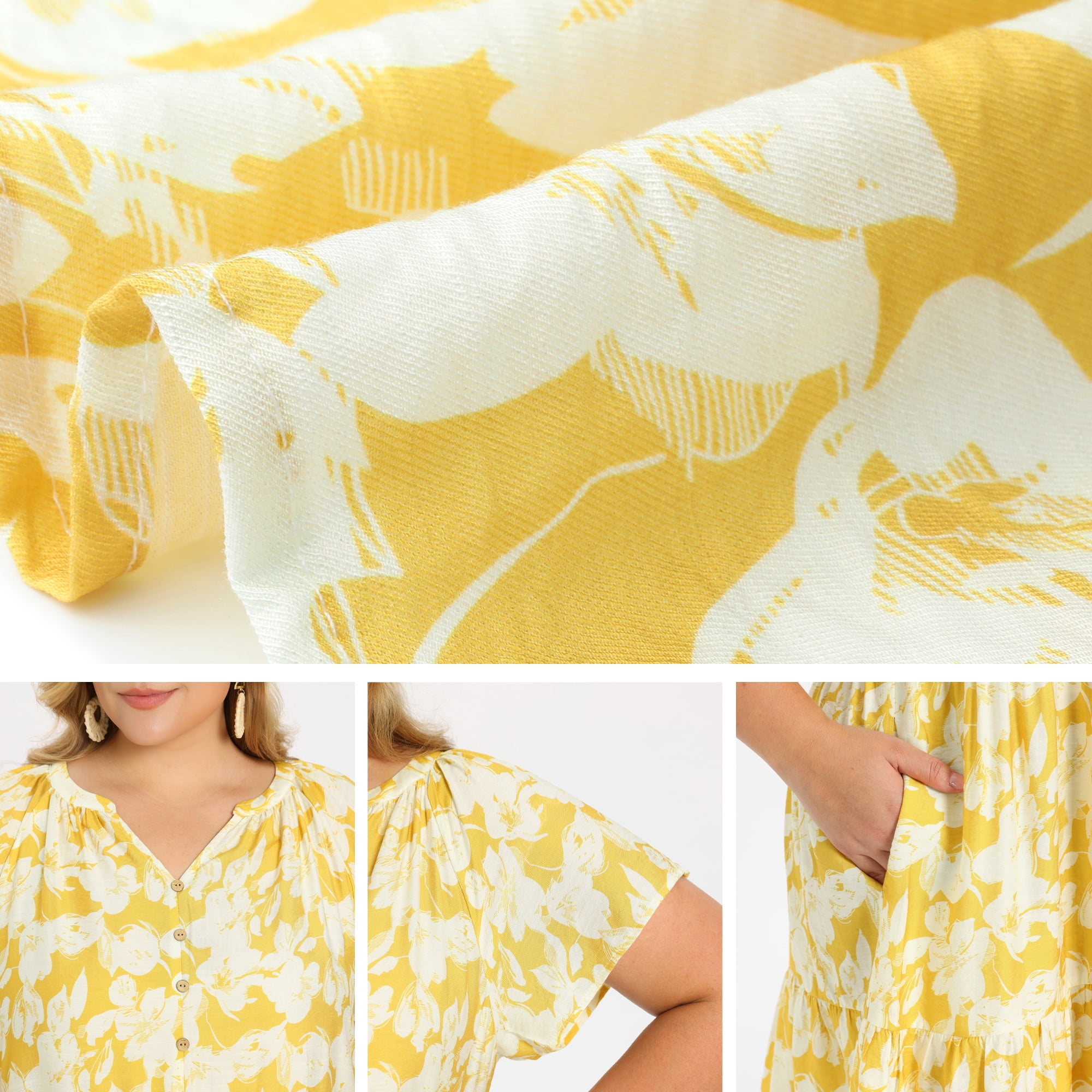DARING DIVA Women's Plus Floral Midi Dress and Ruffle Sleeves 2X Yellow