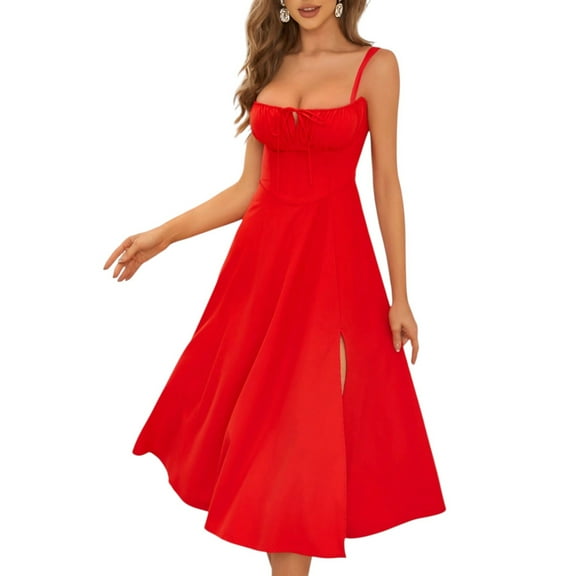 Women’s French Style Solid Color Slit Strap Dress – Sexy Summer Vacation Beach Party Casual Sundress