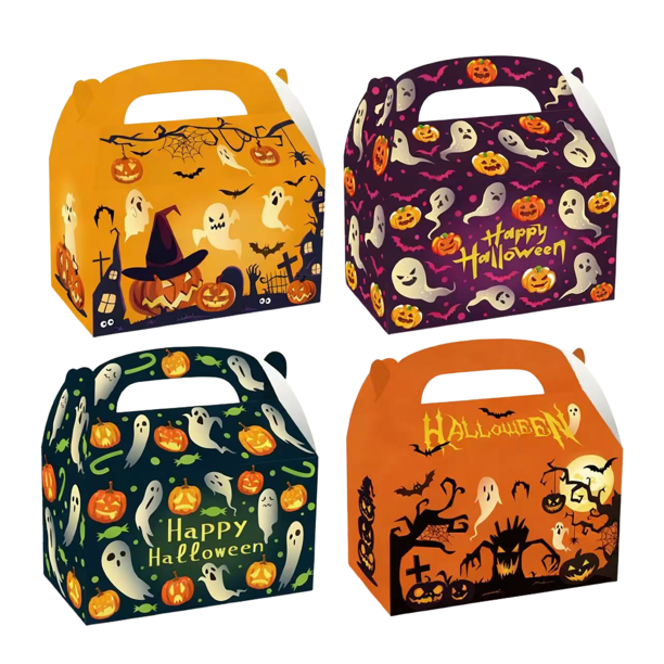 12 cajas de regalo de Halloween con asa de 16,5 x 9,5 x 9,5 cm, color blanco