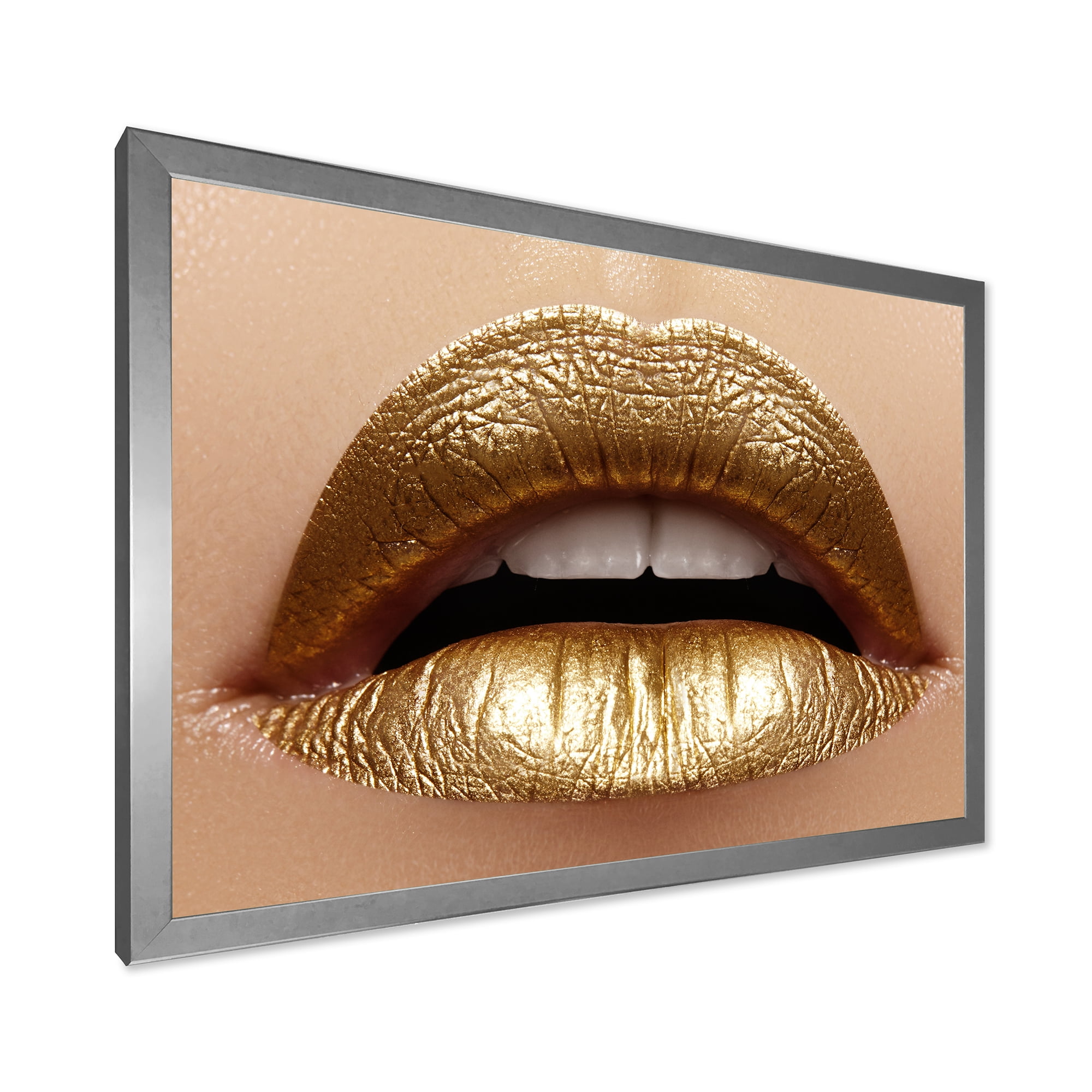 Designart 'Close Up of Woman Plump Lips With Golden Lipstick' Modern Framed Art Print