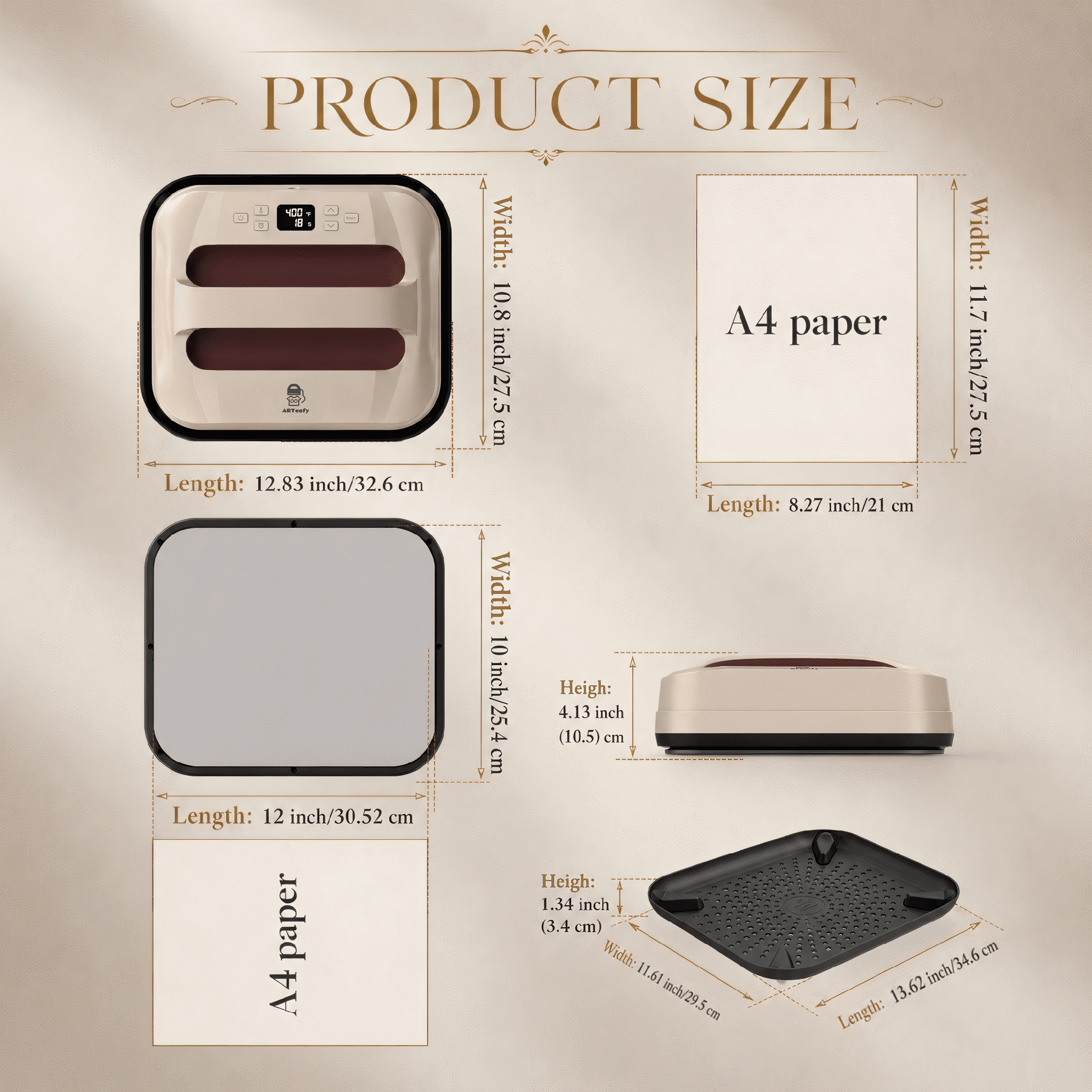 ARTeefy HP3 12" x 10" Portable Heat Press Machine for T-Shirts, Sublimation and HTV Vinyl, Golden Brown