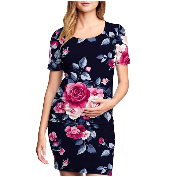 breaise Summer Short Sleeve Maternity Bodycon Dress Women Slim Fit Pregnancy T Shirt Short Dress Crew Neck Mama Clothes Casual Lounge Baby Shower Dress