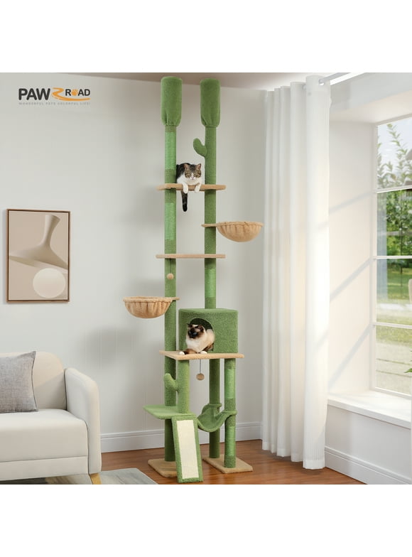 PAWZ Road 85-112" Cactus Cat Tree Floor to Ceiling Furniture Climbing Cat Scratching Post Tower with Adjustable Height, Green