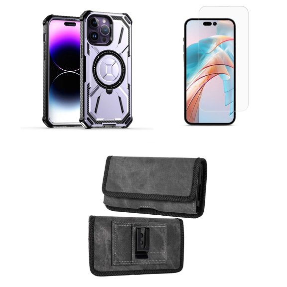 Bemz Rugged Case for iPhone 15 Pro - Tough Magnetic Ring Stand Charger Cover with Glass Screen Protector and Horizontal Nylon Card Slots Wallet Belt Holster Pouch (Light Purple/Gray)