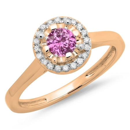 0.50 Carat (ctw) 18K Rose Gold Round Pink Sapphire & White Diamond Ladies Bridal Halo Style Engagement Ring 1/2 CT