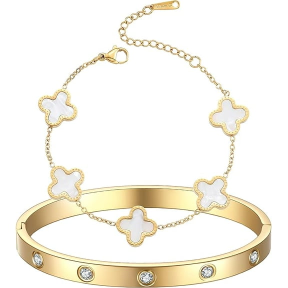 2pcs 18K Gold Plated Clover Bracelet & Love Bangle Set for Women, Lucky Four-Leaf Adjustable Stackable Bracelets, Fashion Friendship Jewelry Gift for Her