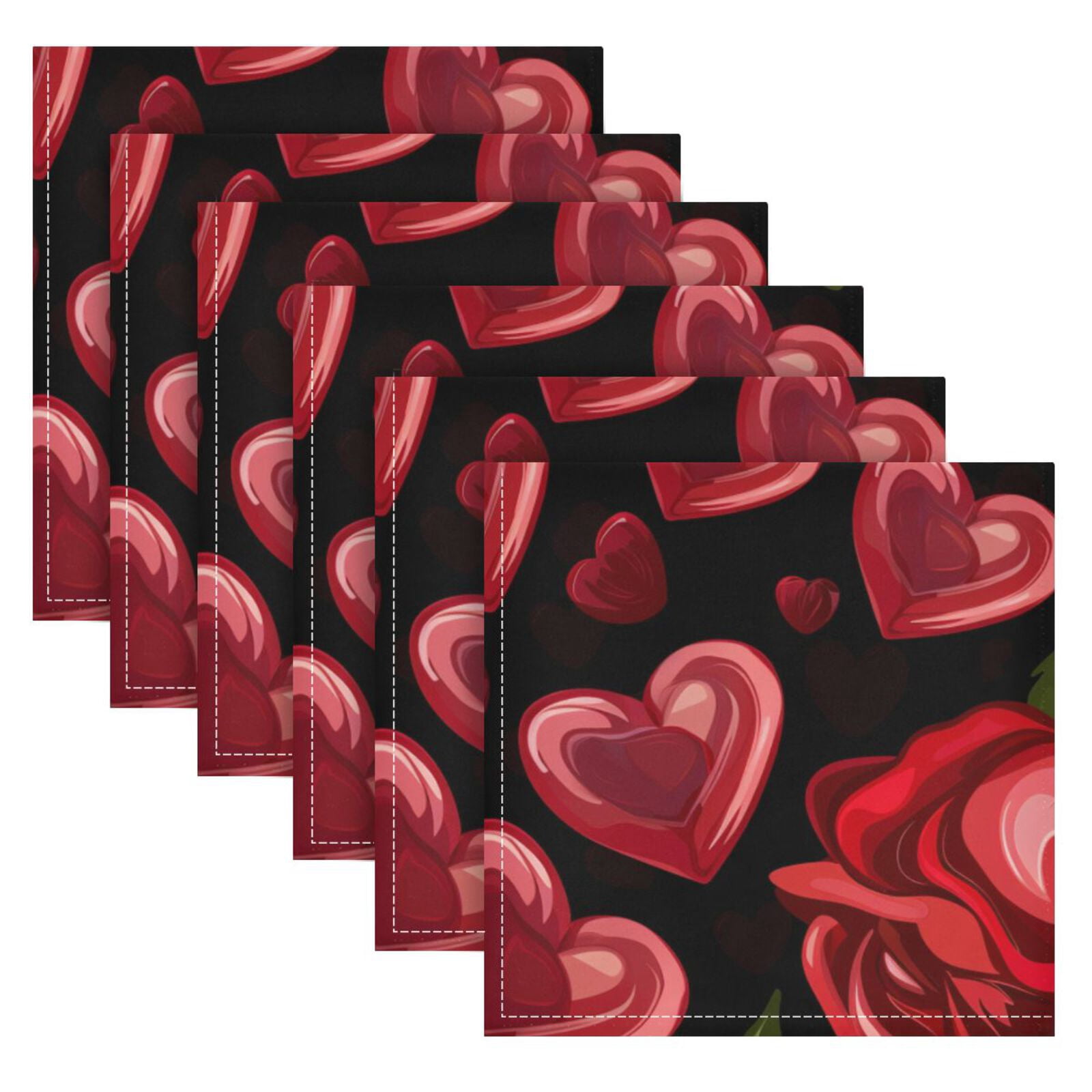 JSTEL Heart Red Rose Flower Cloth Napkins Set of 6, 20x20 Inch Washable and Reusable Napkin for Decoupage Dinner Party Everyday Use