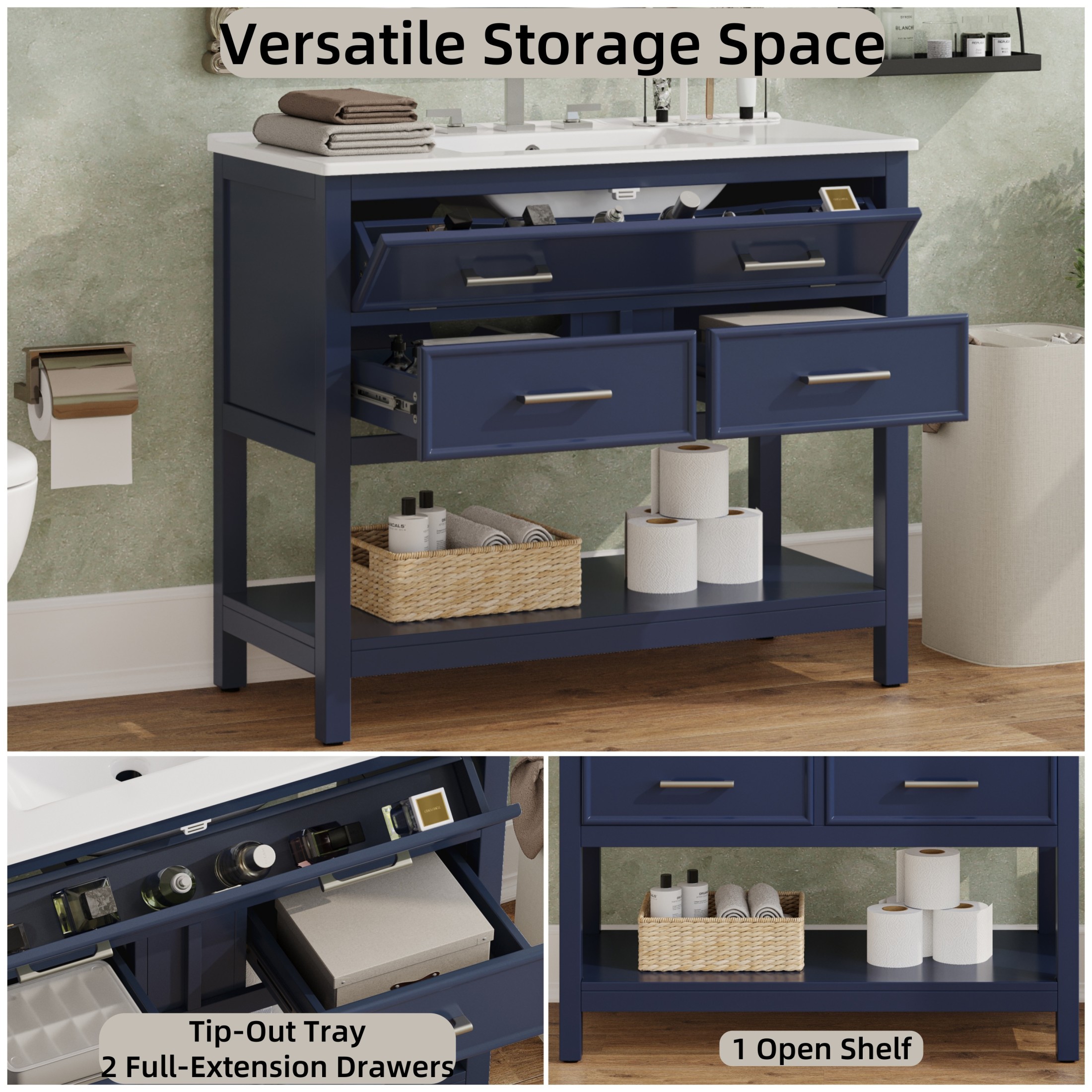 Christopher Knight Home 36" Bathroom Vanity with Sink, Bottom Open Shelf, Tip-Out Tray Drawers, Blue