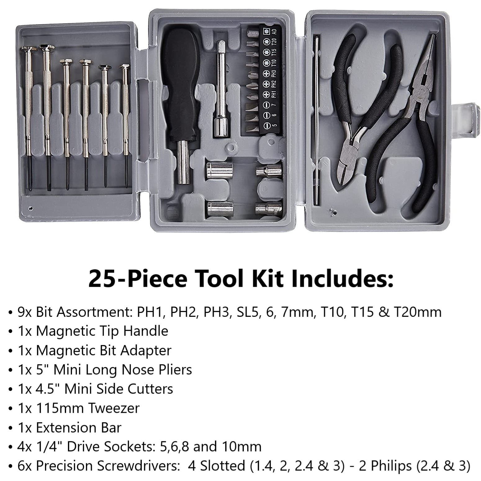 DURATOOL D00197 Mini Tool Kit, 26 Pieces, Bits, Sockets, Plier, Cutter,  Drivers, Chrome Vanadium Steel
