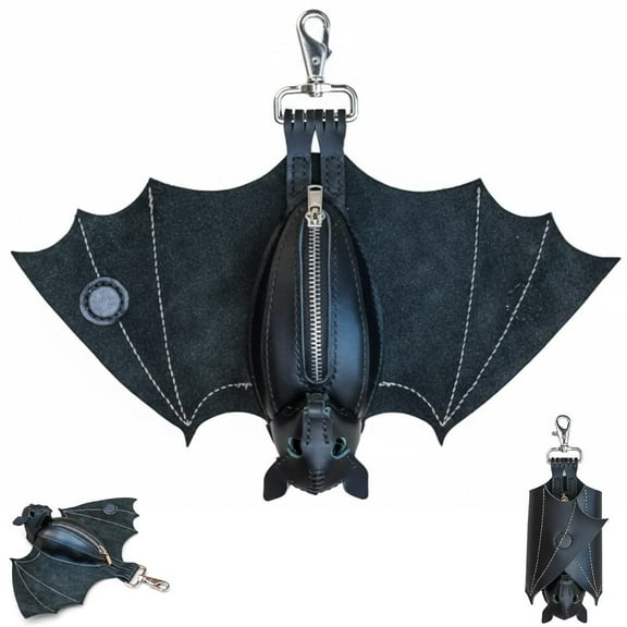Leather Bat Coin Purse, Handmade Gothic Bat Coin Pouch with Wings, Hand-sewn Hanging Bat Zippered Coin Holder, Leather Suede Bat Keychain Wallet for Bags & Belts (1PC)