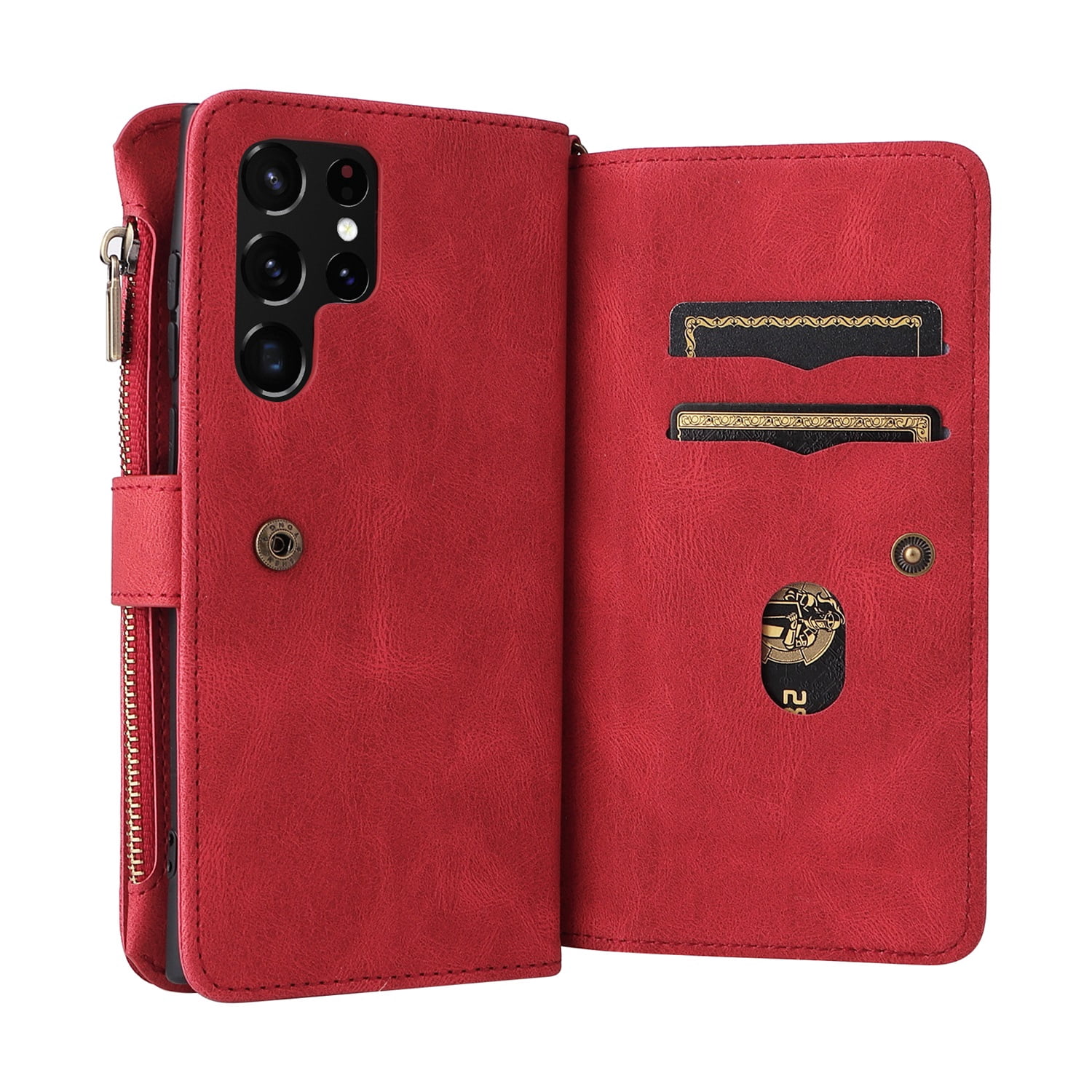 Phone Case for Samsung Galaxy S22 Ultra, S22 Ultra Wallet Case, Luxury Folio Flip Leather Cover [Zipper Pocket] [Wrist Strap] [Kickstand] for Samsung Galaxy S22 Ultra, Red