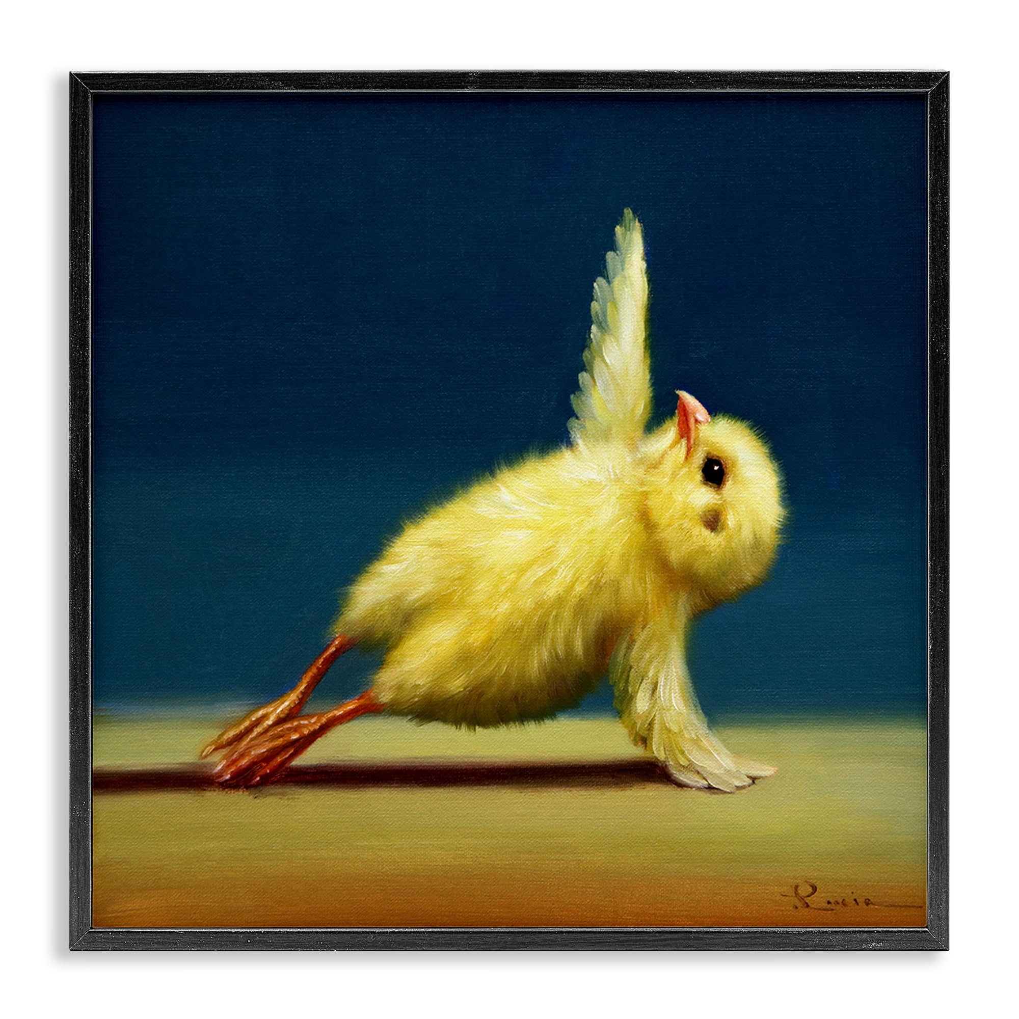 Stupell Industries Cute Yellow Chick Stretching Yoga Detailed Painting Black Framed Art Print Wall Art, 24x24, by Lucia Heffernan