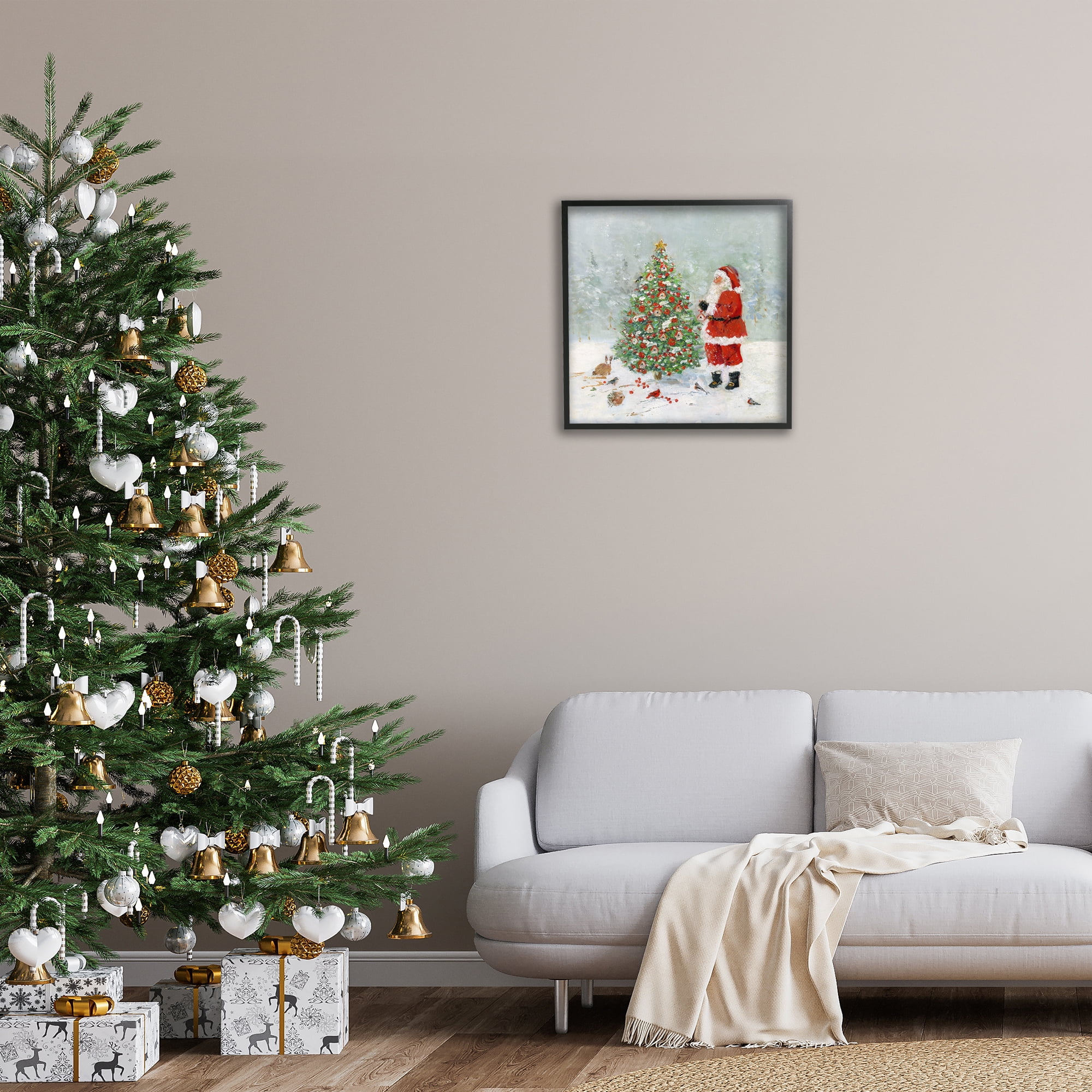 Stupell Industries Santa with Birdhouse Tree Holiday Painting Black Framed Art Prints Wall Art, 24 x 24