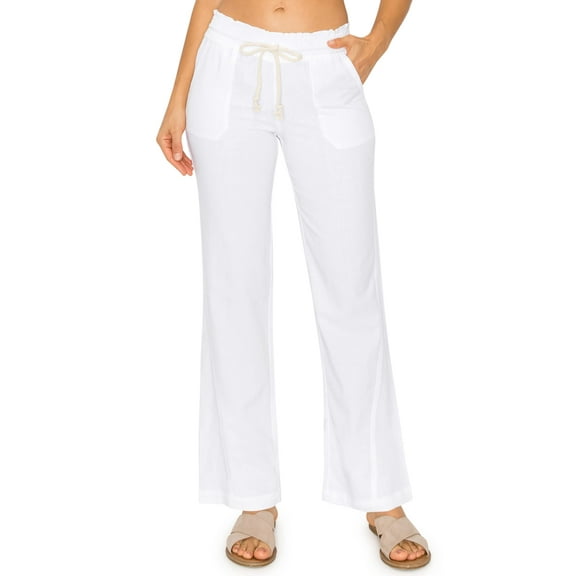 Cali1850 Women's Casual Linen Pants 29" Inseam Oceanside Drawstring Smocked Waist Lounge Beach Trousers with Pockets