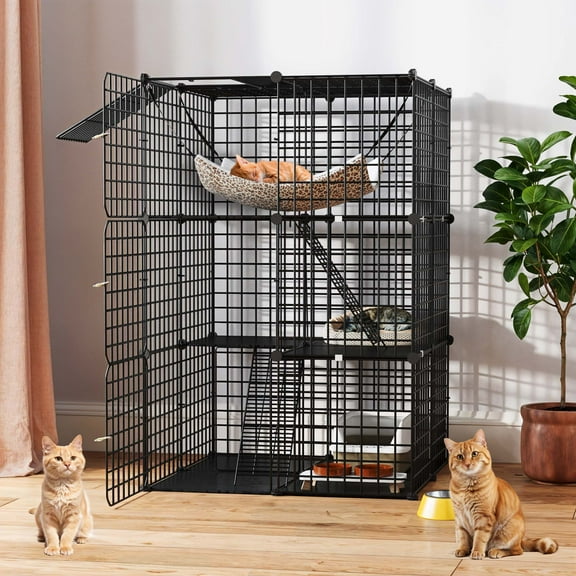 Uforic 41"Large 3 Tier Cat Cage, Indoor Cat Enclosures with Extra Large Hammock, DIY Cat Playpen Metal Kennel for 1-2 Cats,28"L x 28"W x 41"H,Black