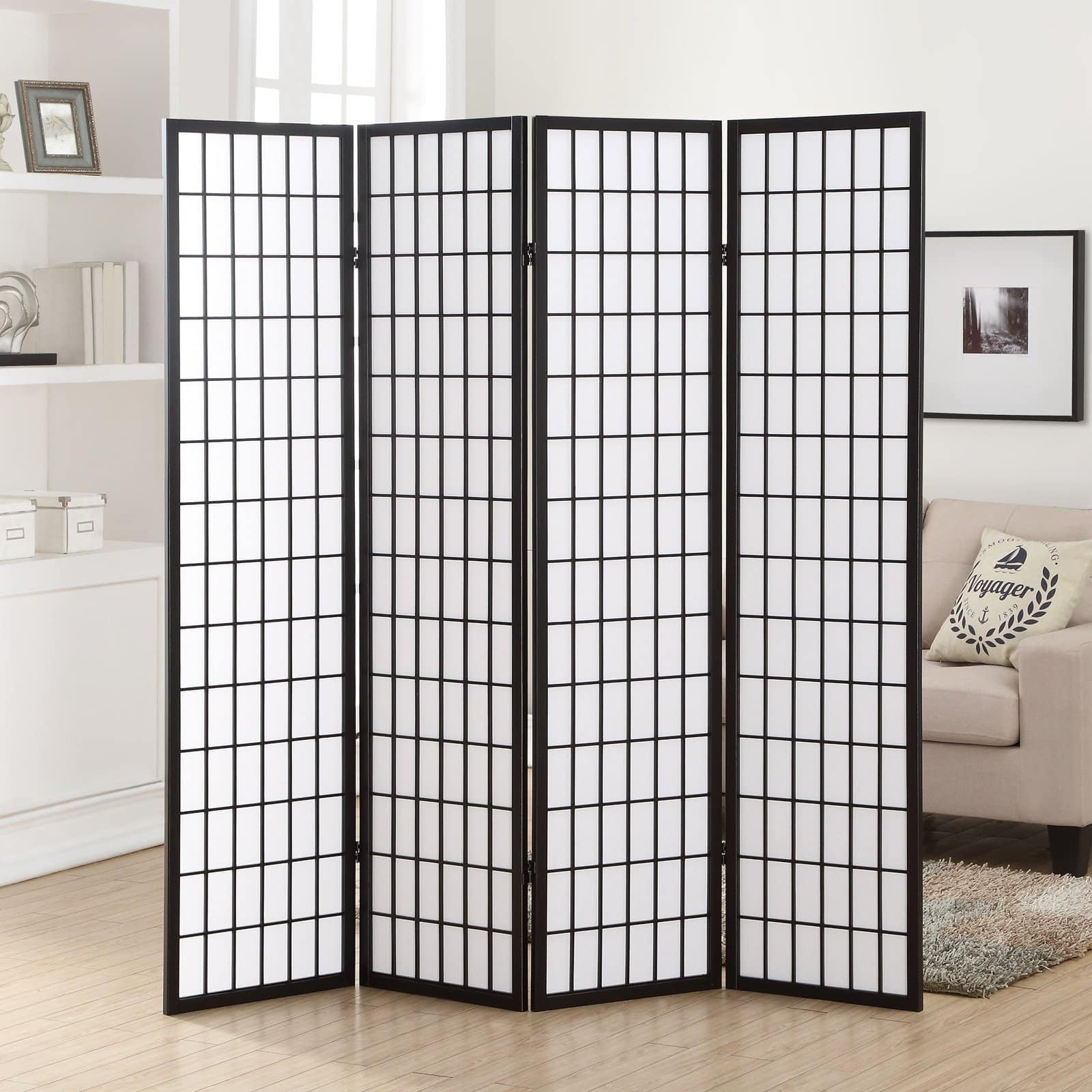 Roundhill Furniture Hoceima Oriental Shoji 4 Panel Room Divider, 71