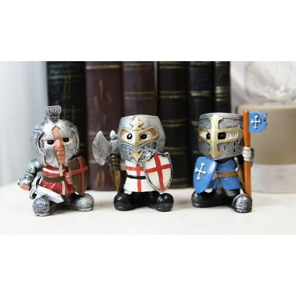 Chibi Templar Crusader Knights With Sword Axe Flag And Shield Figurine Set of 3