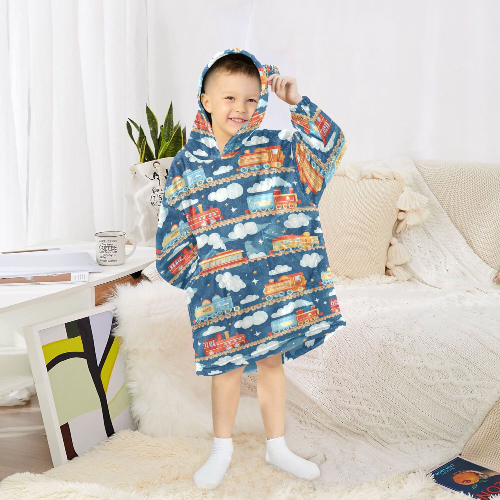 FORMRS Wearable Blanket Hoodie with Sleeves for Kids Cozy Flannel Sweatshirt, Blue Cute Train Pattern
