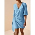 thumbnail image 6 of Blue Linen V-Neck Wrap Mini Dress With Side Tie, Casual Summer Style, 6 of 8