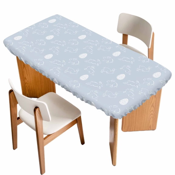 Easter Rabbits Table Cloths for 3 Foot Rectangle Tables, Cartoon Bunny Eggs Animal Blue Patio Waterproof Elastic Fitted Tablecloths, Washable Rectangular Table Cover for Camping