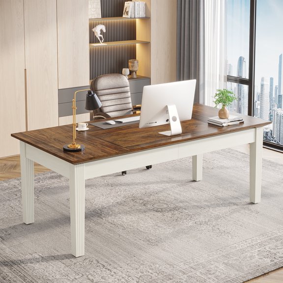 Tribesigns Modern Computer Desk, 62.6 inch Executive Office Desk with Solid Legs, Wooden Study Writing Table for Home Office, Rustic Brown & Cream White