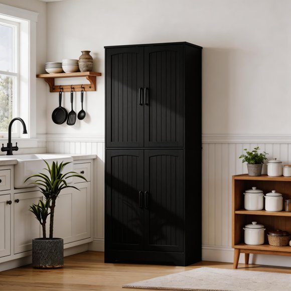 71" Farmhouse Style Freestanding Kitchen Storage Cabinet, 4-Door Wood Pantry Cupboard with Adjustable Shelves & Anti-Tip Safety Kit for Multi-Room Home Organization